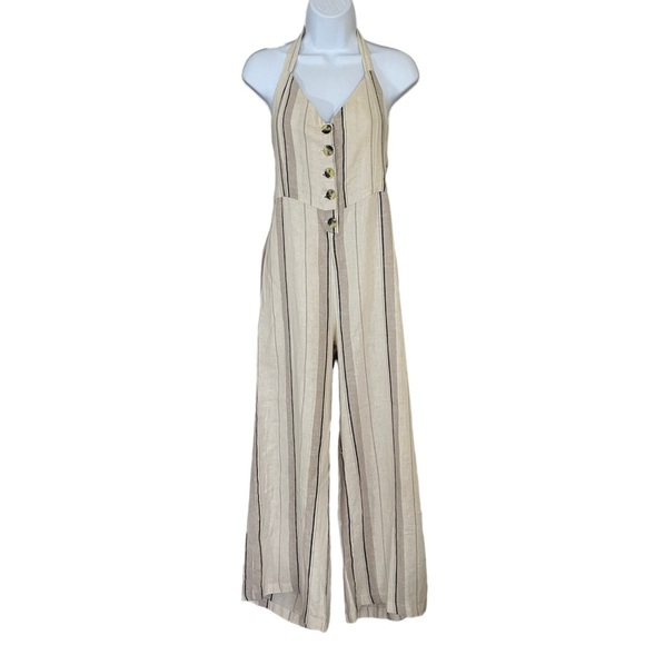 Linen Blend Striped Halter Jumpsuit Size L - Picture 2 of 6